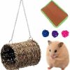 Small Animal HAICHEN TEC | Hamster Sea Grass Hammock With Mat 3 Rattan Balls Set - Natural Hanging Tunnel Bed House Snuggle Hut Small Animal Chew Toys For Silk Bear Hamster Rat Gerbil Sugar Glider Bird (4.72''Lx3.93''W)