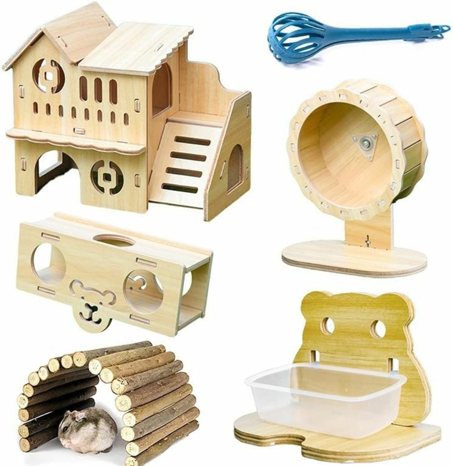 Small Animal LIFEBEA | Lifebea Hamster Wooden House Deluxe Small Animal Toy Set Villa&Running Wheel&Food Box Holder&Seesaw Bucket 7Pcs