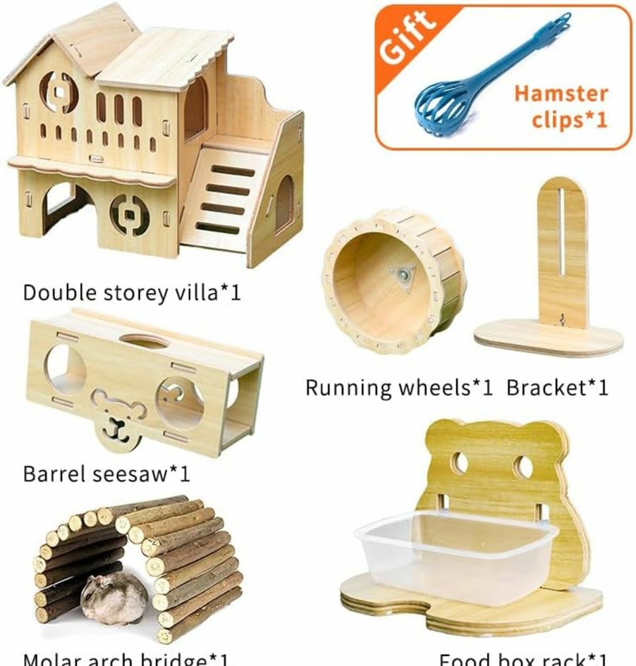 Small Animal LIFEBEA | Lifebea Hamster Wooden House Deluxe Small Animal Toy Set Villa&Running Wheel&Food Box Holder&Seesaw Bucket 7Pcs