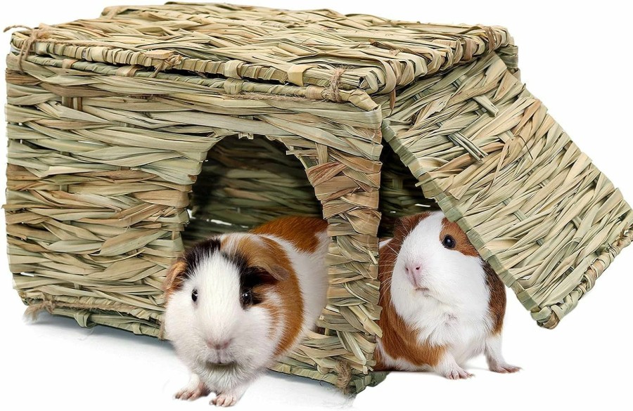 Small Animal BWOGUE | Bwogue Large Grass House For Guinea Pigs,Hand Woven Straw Hut Foldable Small Animal Play Hideaway Bed With Double Openings Playhouse For Bunny Guinea Pig Chinchilla Ferret