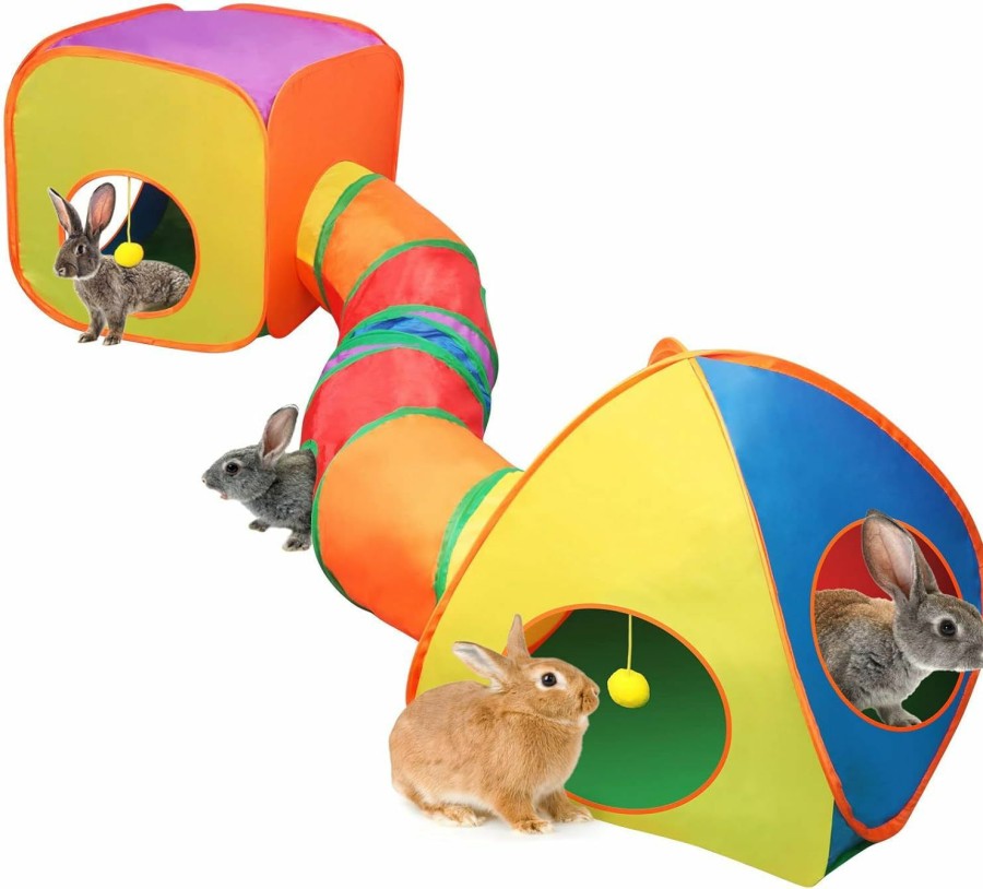 Small Animal YUEPET | Yuepet Rabbit Tunnel And Cube Collapsible Tent Bunny Interactive Crinkle Tunnel Toys Small Animal Hideout With Play Ball For Dwarf Rabbit Bunny Guinea Pig (Rainbow)