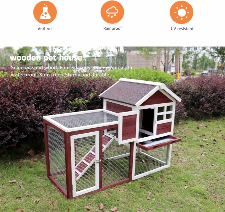 Small Animal Aursrenty | Aursrenty Wood Rabbit Hutch, Outdoor Bunny Hutch With Ramp, Guinea Pig Cage With Pull Out Tray, 2 Levels Bunny House For Small Animals, Waterproof Roof Chicken Coop Pet House Wine Red