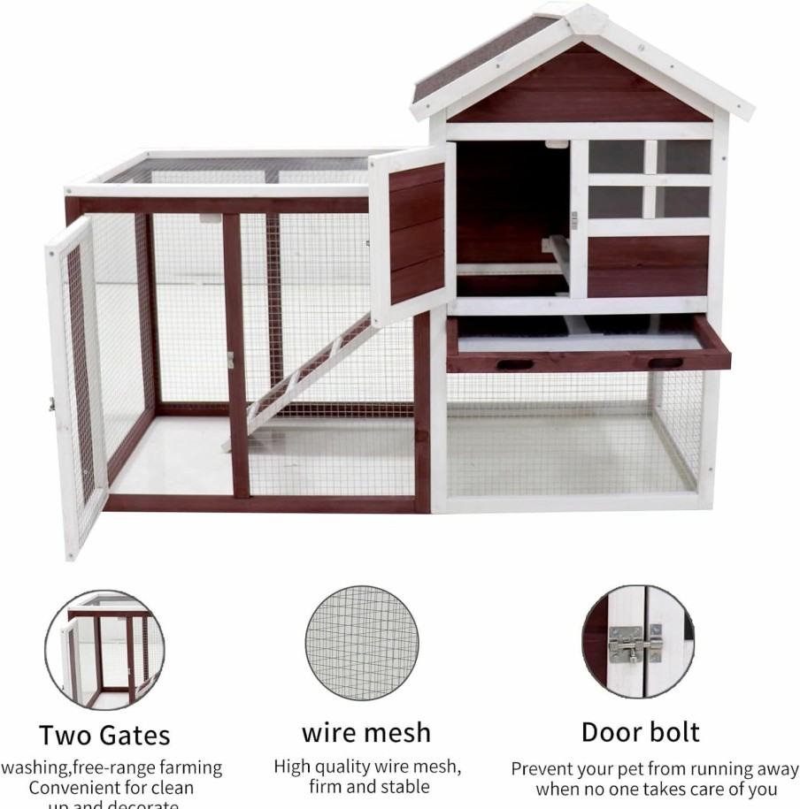 Small Animal Aursrenty | Aursrenty Wood Rabbit Hutch, Outdoor Bunny Hutch With Ramp, Guinea Pig Cage With Pull Out Tray, 2 Levels Bunny House For Small Animals, Waterproof Roof Chicken Coop Pet House Wine Red