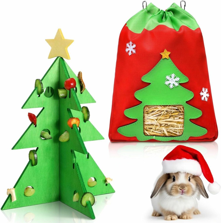 Small Animal Suzile | Suzile 2 Pcs Christmas Tree Foraging Puzzle Toy And Hay Feeder For Bunny Rabbit Wood Foraging Toys Guinea Pig Food Dispensers Bag Rack Hanging Hay Holder For Small Pets Hamster Stimulation Feeding