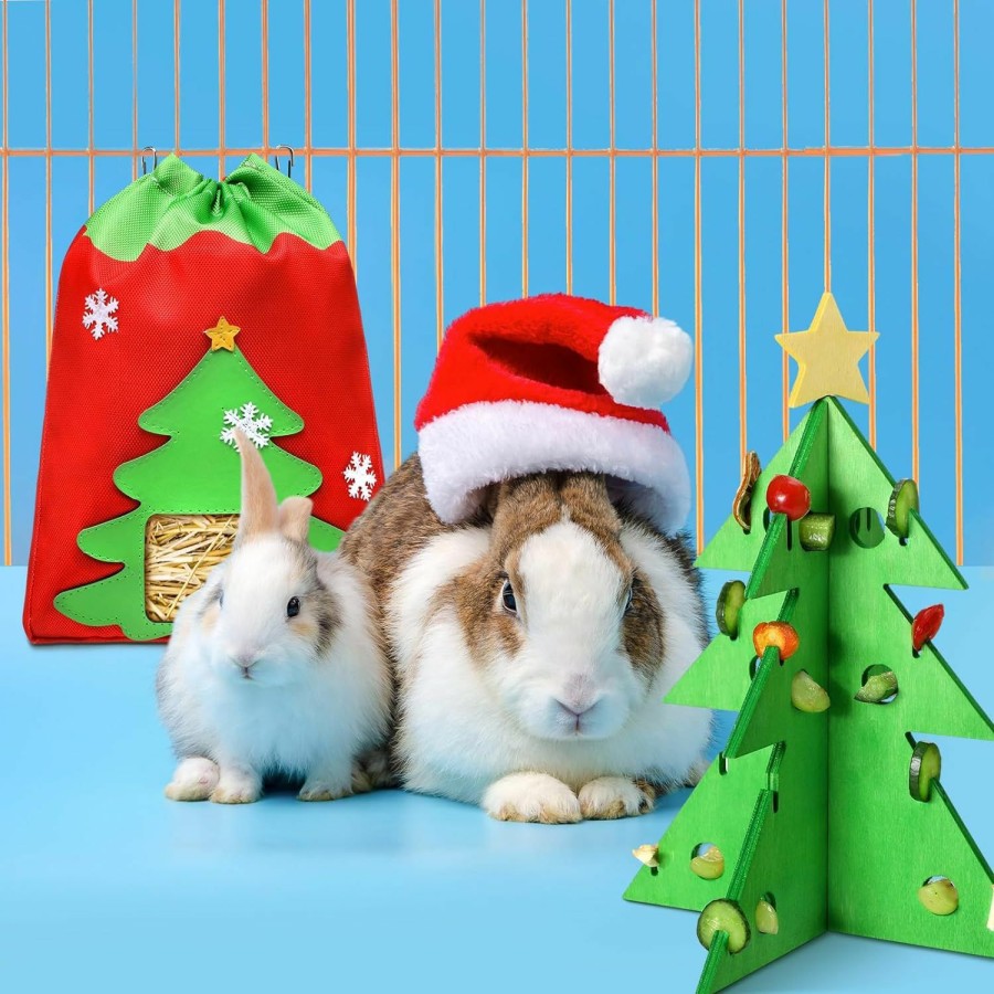 Small Animal Suzile | Suzile 2 Pcs Christmas Tree Foraging Puzzle Toy And Hay Feeder For Bunny Rabbit Wood Foraging Toys Guinea Pig Food Dispensers Bag Rack Hanging Hay Holder For Small Pets Hamster Stimulation Feeding