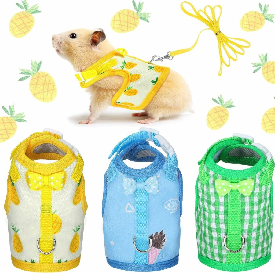 Small Animal Weewooday | 3 Pieces Guinea Pig Harness With Leash Small Pet Harness Fruit Plaid Pattern Adjustable Padded Walking Vest For Pet Hamster Ferret And Squirrel Small Animals (Pineapple, Red Plaid, Strawberry, Small)