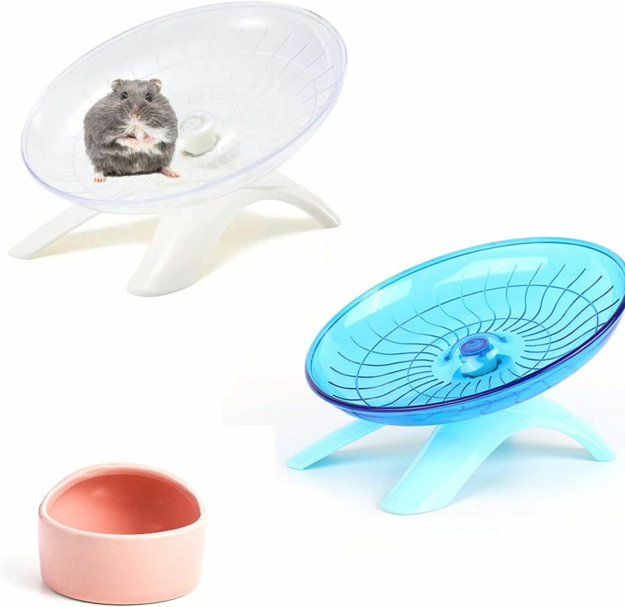 Small Animal Lucky Interests | Lucky Interests 2 Pcs Hamster Flying Saucer, Silent Running Exercise Wheel, Jogging Spinner Wheel Cage Toy With Food Bowl For Dwarf Hamster Syrian Hamster Hermit Crab & Small Animal(White+Dark Blue)