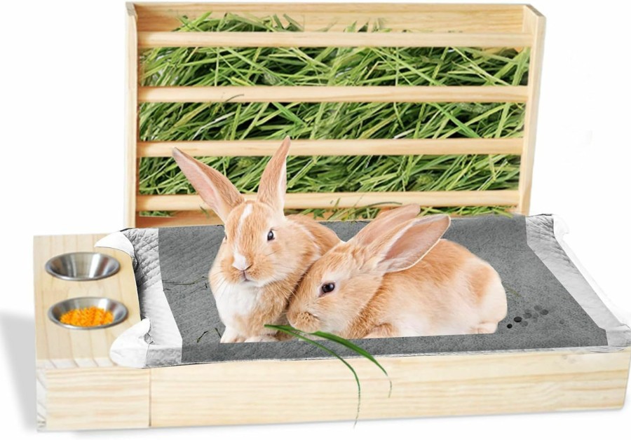 Small Animal MUYG | Muyg 3 In 1 Rabbit Hay Feeder With Litter Box And Bowls,Wooden Bunny Hay Feeder Manger With Plastic Litter Pan Small Animal Hay Holder Rack Toilet Combo For Rabbit Bunny Guinea Pig Hamster