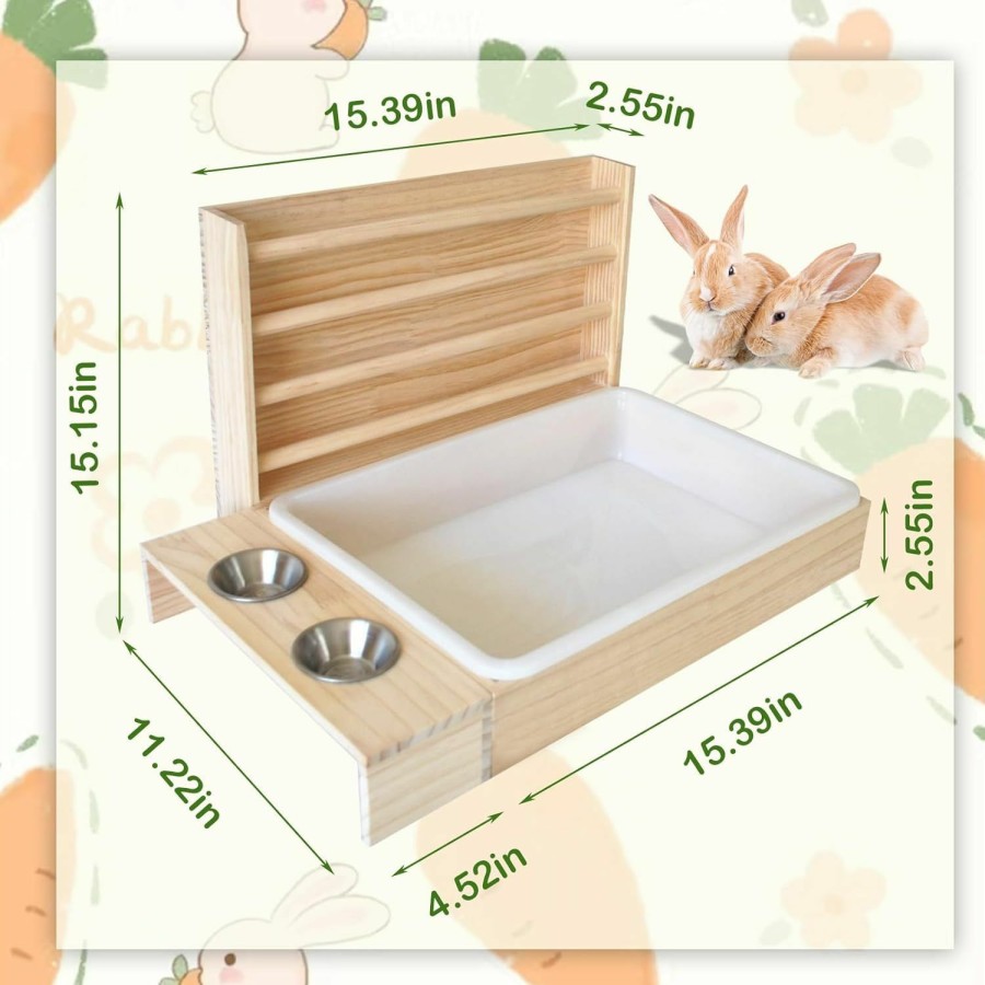 Small Animal MUYG | Muyg 3 In 1 Rabbit Hay Feeder With Litter Box And Bowls,Wooden Bunny Hay Feeder Manger With Plastic Litter Pan Small Animal Hay Holder Rack Toilet Combo For Rabbit Bunny Guinea Pig Hamster