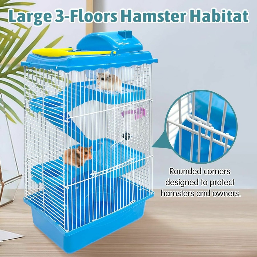 Small Animal Hamiledyi | Hamiledyi Portable Hamster Cage, 3-Floors Hamster Habitat Small Animal Critter Enclosure With Bedroom Kettle Track Food Box Slide Etc Mice Habitat Gerbil House For Hamsters Or Other Tiny Pets(Blue)