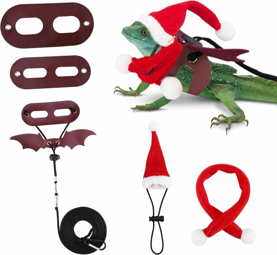 Small Animal Mogoko | Mogoko Christmas Lizard Leash Bearded Dragon Harness Bat Wing Bowler Santa Hat Bow Tie Adjustable Leather Reptile Lizard Leash For Gecko, Iguanas,Lizard Amphibians And Other Small Pet Animals