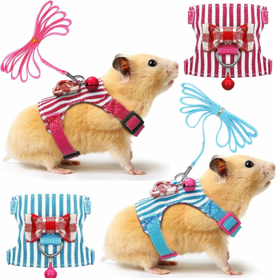 Small Animal SATINIOR | 2 Pieces Hamster Harness And Leash Set For Walking, Small Guinea Pig Clothes With Bowknot Bell, No Pulling Comfort Padded Vest Striped For Guinea Pig Hamster Ferret, Small Animals (Blue, Black,S)