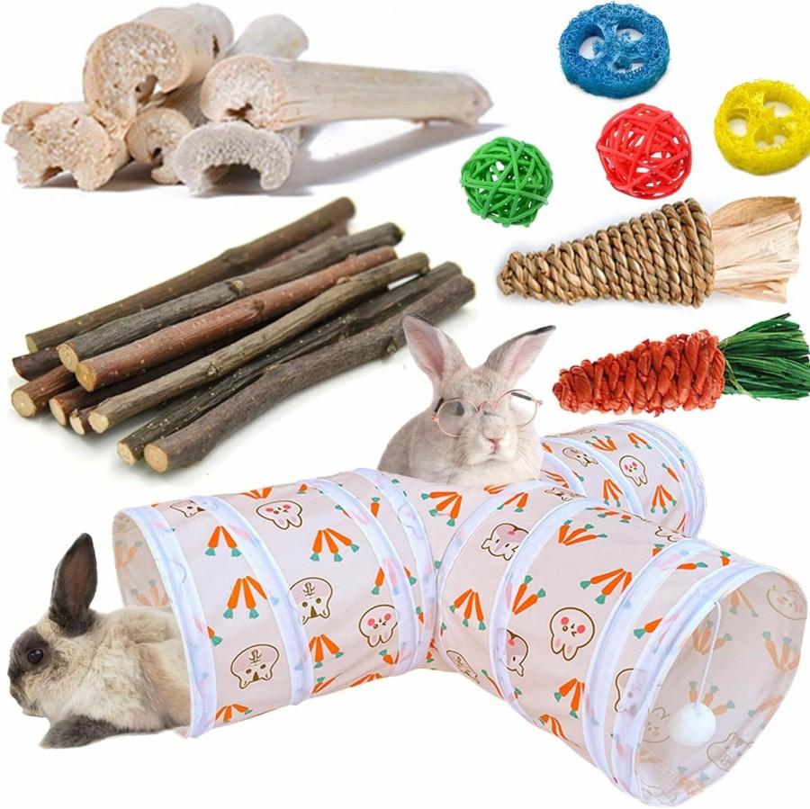 Small Animal HERCOCCI | Hercocci Rabbit Toys, Bunny Tunnels & Tubes, Collapsible 3 Way Rabbit Hideout Tunnel With Chew Toys For Rabbit Bunny Guinea Pig Ferret Kitten