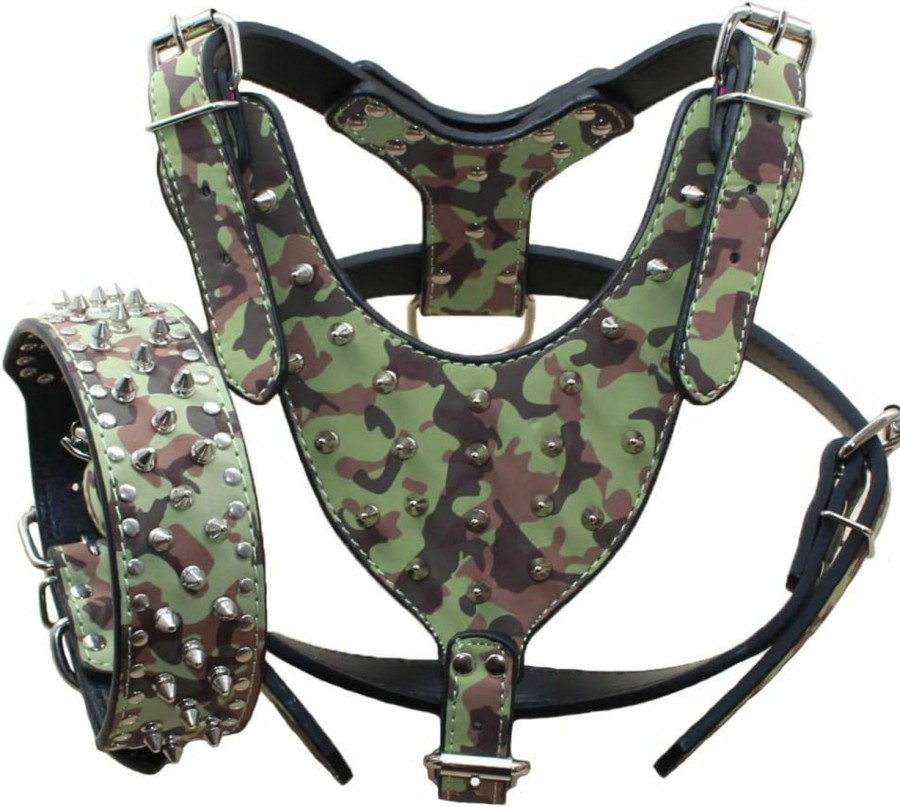 Small Animal Benala | Benala Leather Spikes Dog Harness And Collar Heavy Duty Set For Pitbull,German Shepherd,Golden Retriever (Camouflage,Xl)