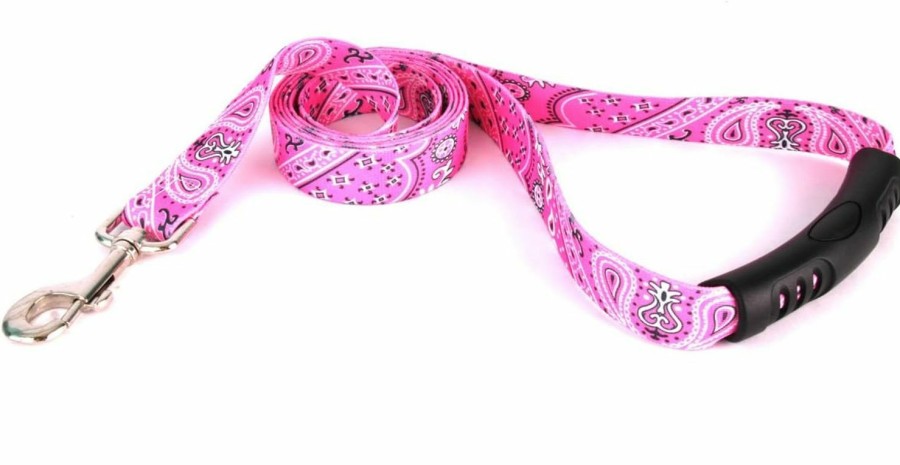 Small Animal Yellow Dog Design | Yellow Dog Design Bandana Pink Ez-Grip Dog Leash With Comfort Handle 3/4\" Wide And 5' (60\") Long, Small/Medium