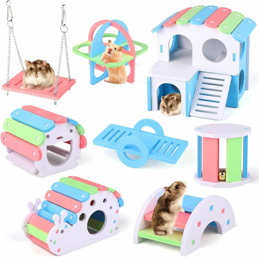 Small Animal Tiibot | Tiibot 8 Pieces Fun Hamster Toys Diy Wooden Gerbil Hideout Include Swing Seesaw Rainbow Villa Bear'S Nest Fitness Circle Arch Bridge Bell Roller Snail House For Sport Exercise Small Animals, Blue