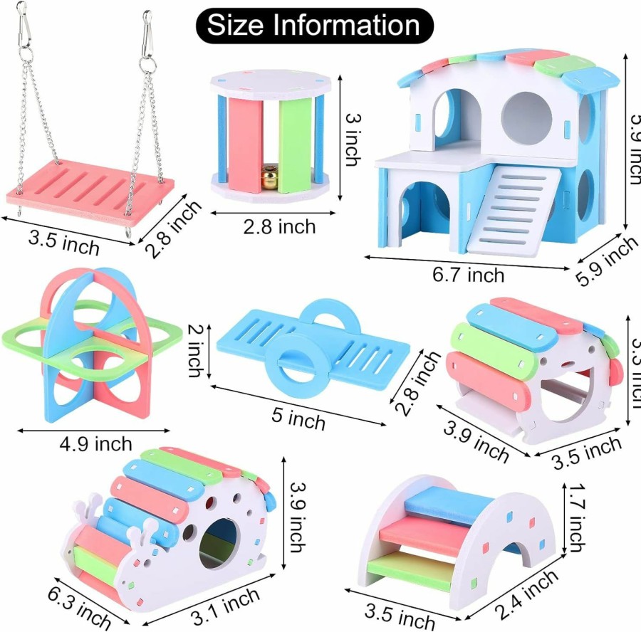 Small Animal Tiibot | Tiibot 8 Pieces Fun Hamster Toys Diy Wooden Gerbil Hideout Include Swing Seesaw Rainbow Villa Bear'S Nest Fitness Circle Arch Bridge Bell Roller Snail House For Sport Exercise Small Animals, Blue