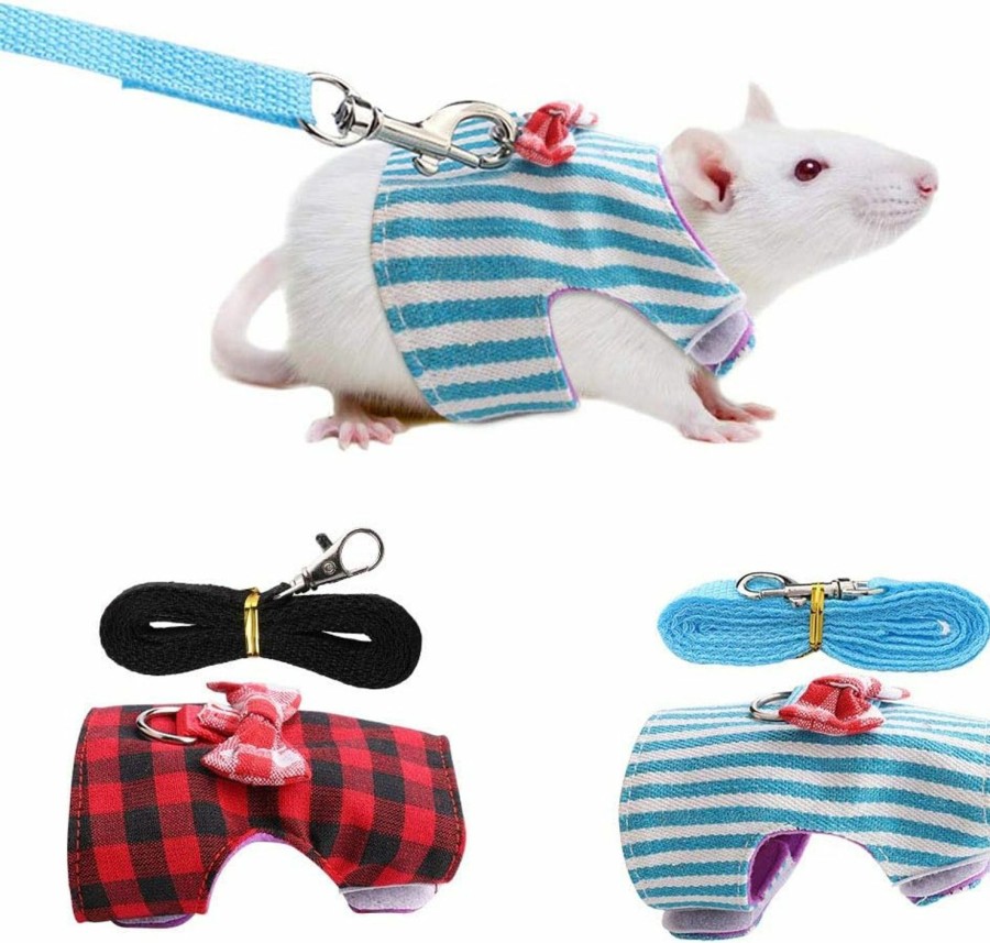 Small Animal YOUTHINK | Small Pet Walking Harness Vest And Leash Set For Hamster Rabbit Ferret Guinea Pig Walking Training, Small Animal Chest Strap Set:Red Grid + Blue Stripes,2Pack,Xs