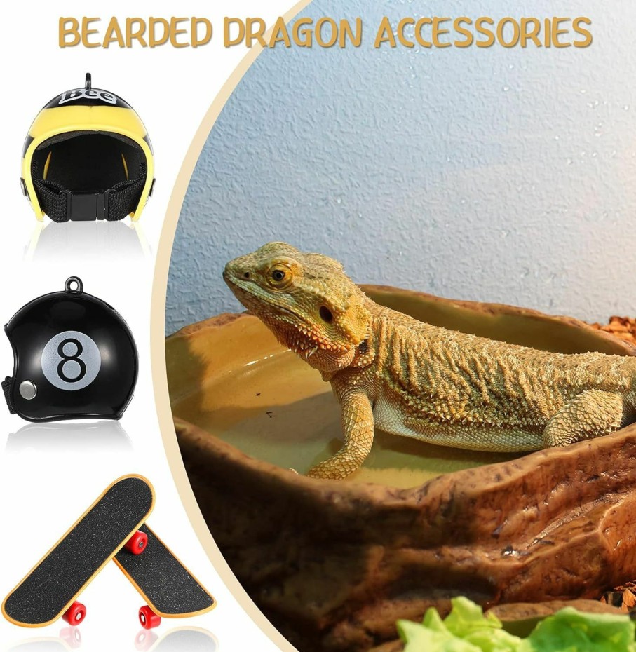 Small Animal Frienda | Frienda 4 Pieces Bearded Dragon Accessories Bearded Dragon Funny Toy Lizard Helmet Hat And Mini Skateboard For Lizard Bearded Dragon Hamster Parrot Reptile Small Animals