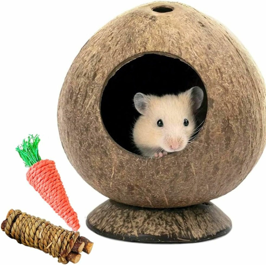 Small Animal zonzxcv | Coconut Hamster Hideout Hamster House Gerbil Cage For Small Animals With A Bundle Of Apple Sticks A Carrot