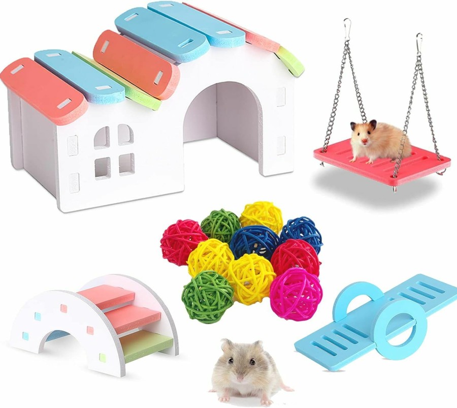 Small Animal DJun | Djun Hamster Rainbow Chew Toys Include House Bridge Swing Seesaw And 10 Colorful Rattan Balls, Pet Sport Exercise Toys Set, Guinea Pig Rat Chinchilla Cage Accessories For Small Animals (Style 1)