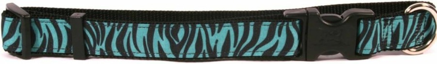 Small Animal Yellow Dog Design | Yellow Dog Design Zebra Teal On Black Grosgrain Ribbon Collar-Size Medium-3/4 Wide And Fits Neck 14 To 20\"