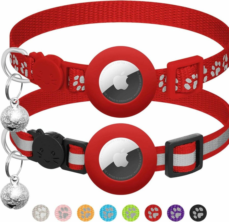 Small Animal LAFAYI | 2 Pack Airtag Cat Collar Breakaway With Bell,Reflective Kitten Collar With Apple Airtag Cat Collar Holder,Adjustable 7-12In,Safety Buckle For Girl Boy Cats,Pet Supplies,Accessories,Gifts (Red)