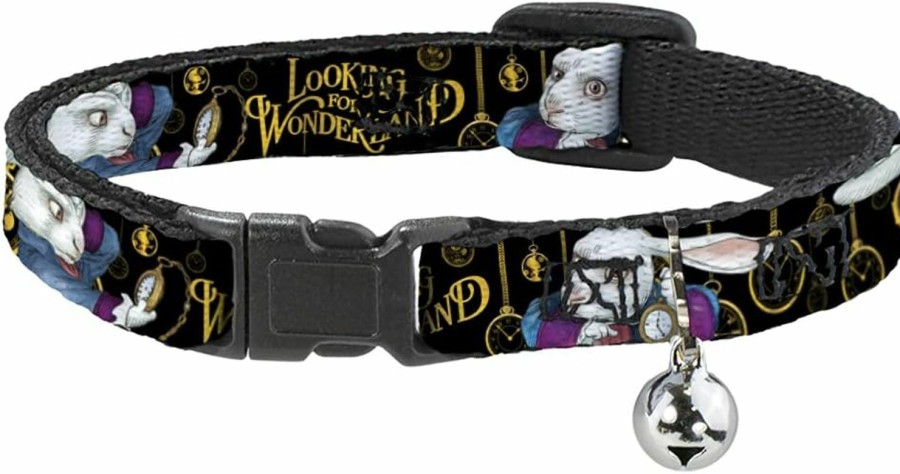 Small Animal Buckle-Down | Buckle-Down Breakaway Cat Collar - White Rabbit Poses Looking For Wonderland/Clocks Black/Golds - 1/2\" Wide - Fits 6-9\" Neck - Small