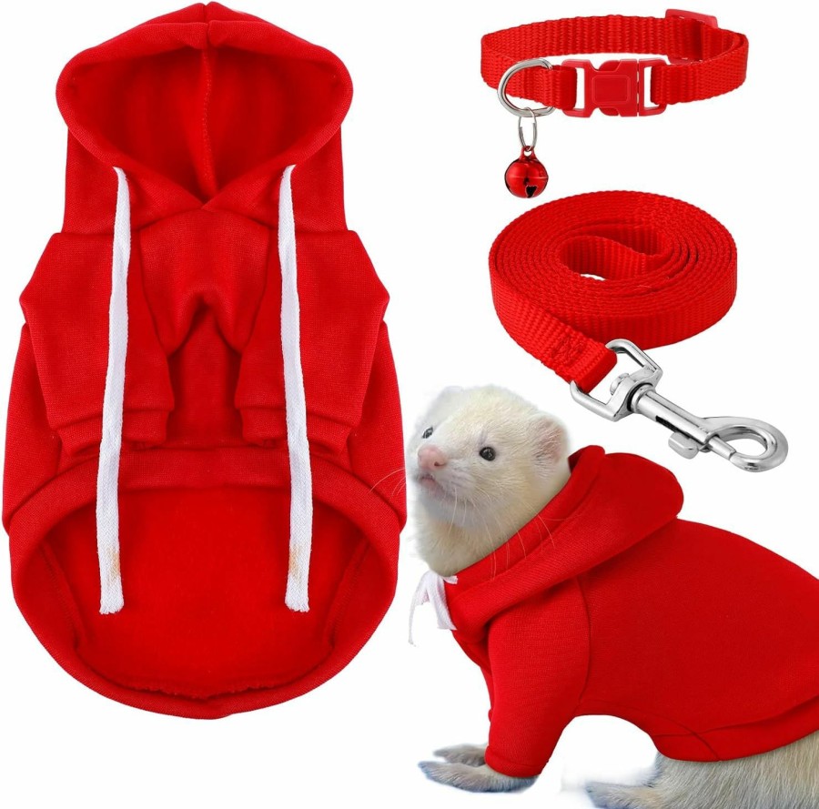 Small Animal Cunno | 3 Pcs Ferret Accessories Soft Ferret Sweatshirt Safe Bell Collar Ferret Harness And Leash Set For Hamster Guinea Pig Chinchilla Teacup Chihuahua (Red)