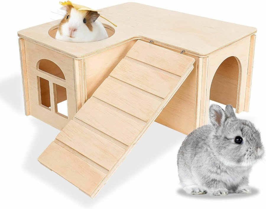 Small Animal CAWUWE | Cawuwe Guinea Pig Hideout House With Ramp, Big Multi-Chamber Small Animal Wooden Maze Hut, Habitat Decor Tunnel Accessories For Hamster Guinea Pig Chinchilla Dwarf Rabbit Hedgehog Squirrel