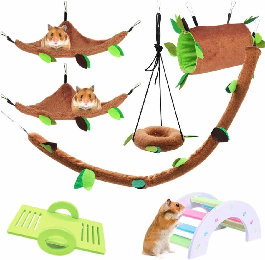 Small Animal LZYMSZ | Lzymsz 7Pcs Hamster Hanging Warm Bed, Rat Hanging Bed House Forest Pattern Cage Toy Small Animals Cage Nest Accessories, Hamster Hammock Tunnel Swing Set For Parrot Ferret Squirrel Hamster Playing