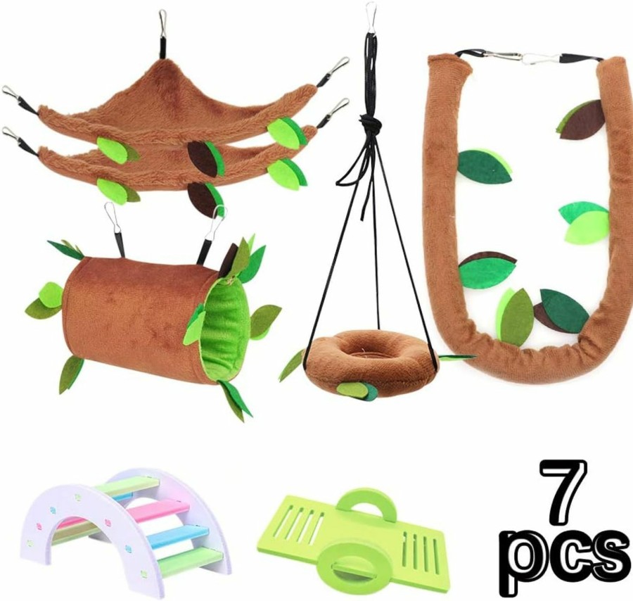 Small Animal LZYMSZ | Lzymsz 7Pcs Hamster Hanging Warm Bed, Rat Hanging Bed House Forest Pattern Cage Toy Small Animals Cage Nest Accessories, Hamster Hammock Tunnel Swing Set For Parrot Ferret Squirrel Hamster Playing