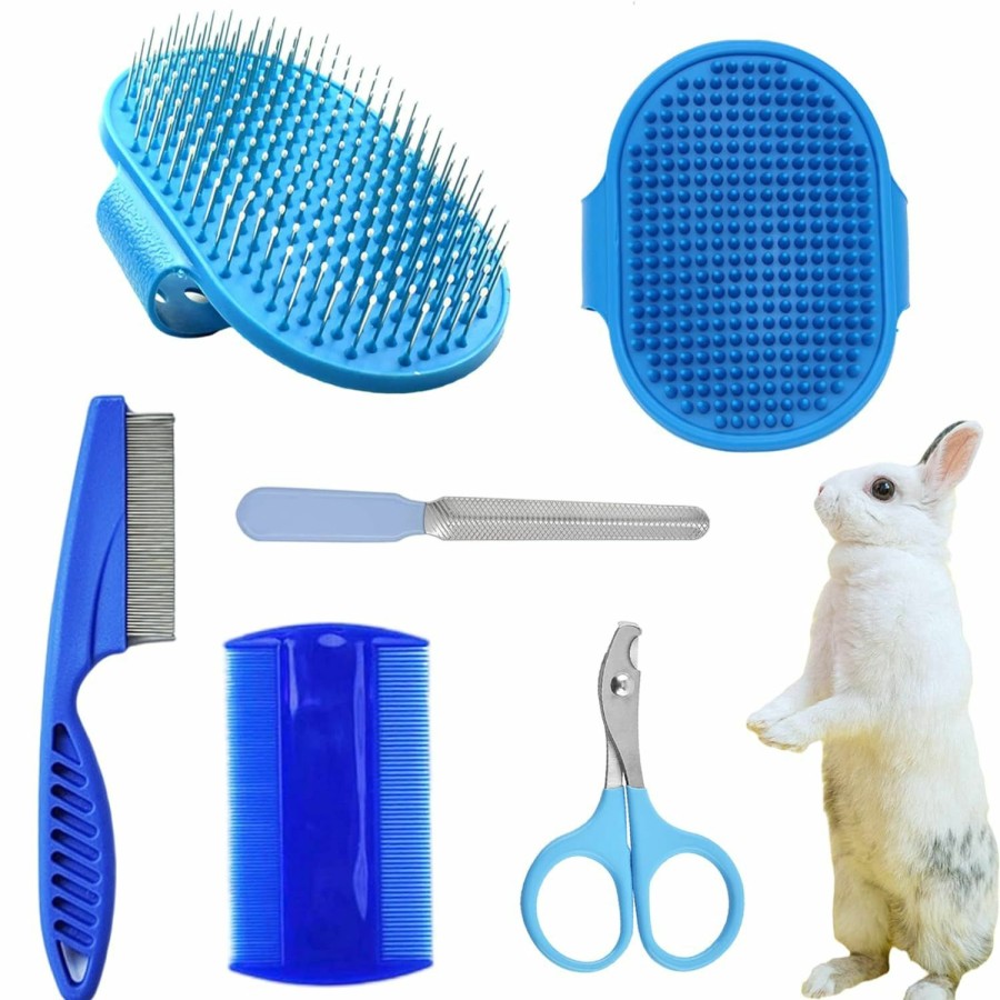 Small Animal TUCEWP | 6Pcs Rabbit Grooming Kit Included Rabbit Grooming Brush, Pet Hair Remover, Pet Shampoo Bath Brush, Double-Sided Pet Comb,Pet Nail Clipper And Trimmer For Rabbit Hamster Bunny And Guinea Pig, Blue