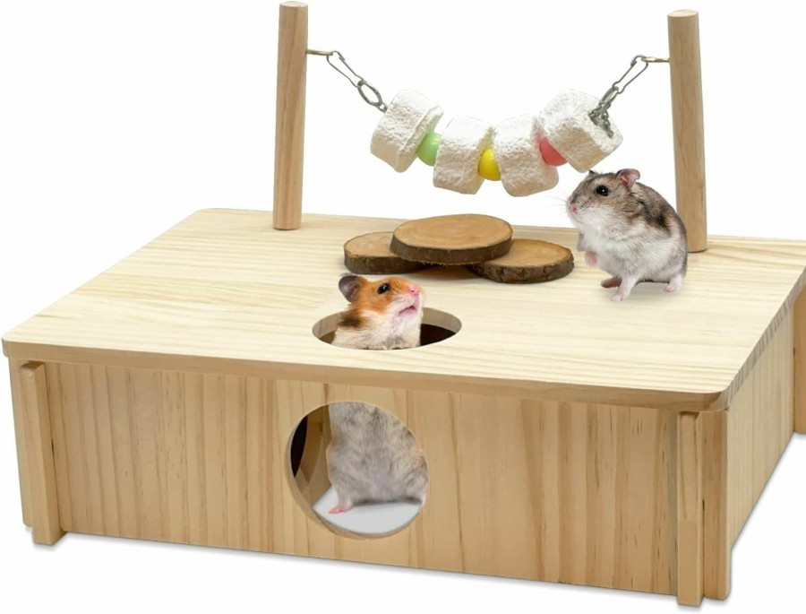 Small Animal kathson | Kathson Hamster Multi-Chamber Hideouts, Wooden House Maze Tunnels Exploring Toy Small Animal Activity Sport Playground Platform With Chew Molar Stone Toys For Dwarf Hamster Gerbils Mice Syrian