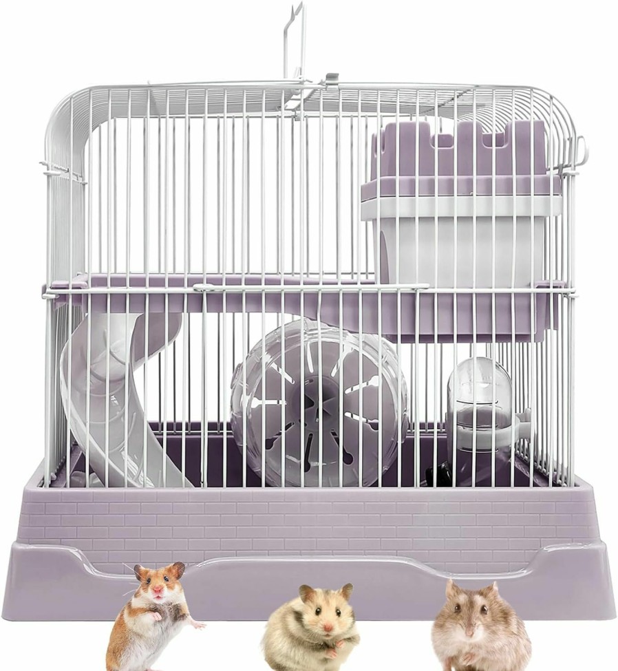 Small Animal PINVNBY | Pinvnby 2-Tier Dwarf Hamster Cage, Travel Portable Mouse Cage Gerbil Cages And Habitats Small Animal Carrier With Castle House Running Exercise Wheels, Water Bottle And Food Dish(Gray)