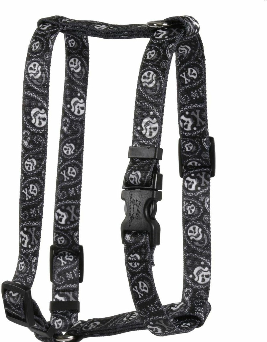 Small Animal Yellow Dog Design | Yellow Dog Design Paisley Skulls Black Roman Style H Dog Harness, X-Large-1\" Wide Fits Chest Of 28 To 36\"