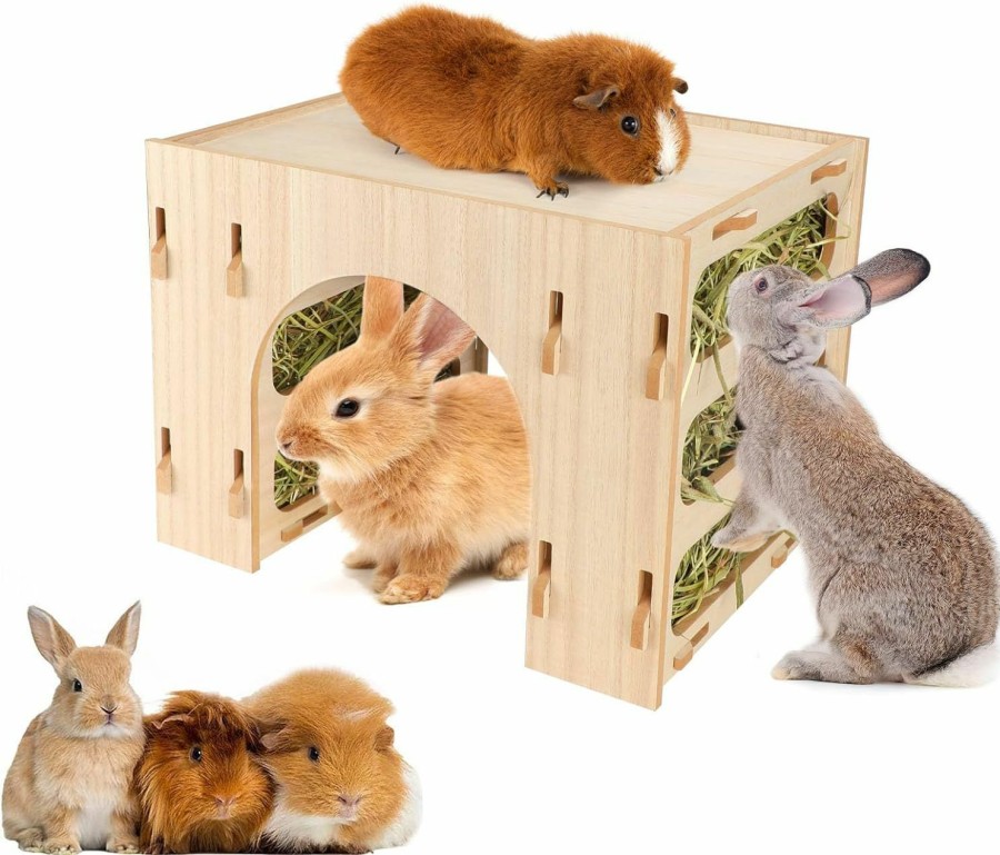 Small Animal Midollarle | Midollarle Rabbit Houses And Hideouts Guinea Pig Hideout And Tunnel With Hay Feeder 3-In-1 Hay Rack Stand Tunnel Wooden Castle For Bunnies Guinea Pigs Chinchillas