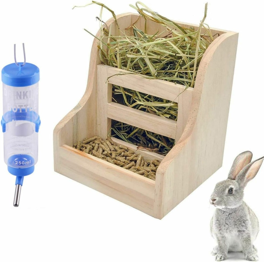 Small Animal Hamiledyi | Rabbit Hay Feeder Rack,Wooden Grass Bin,Food Feeding Rack,Bunny Water Bottles Dispenser For Small Animal Supplies Rabbit Chinchillas Guinea Pig (2 Pcs)