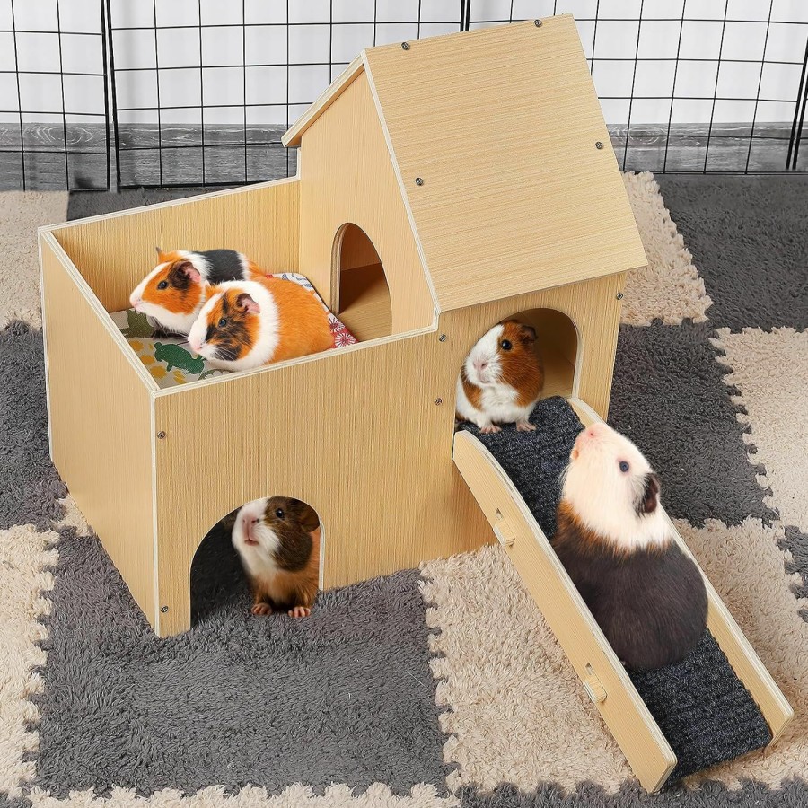 Small Animal Alphatool | Large Guinea Pig Castle, Sturdy Two-Tier Guinea Pig Hideout With Stairs & Mats Wooden Small Animal House Hut Habitats For Hamsters Chinchillas Bunny Hiding Playing Sleeping