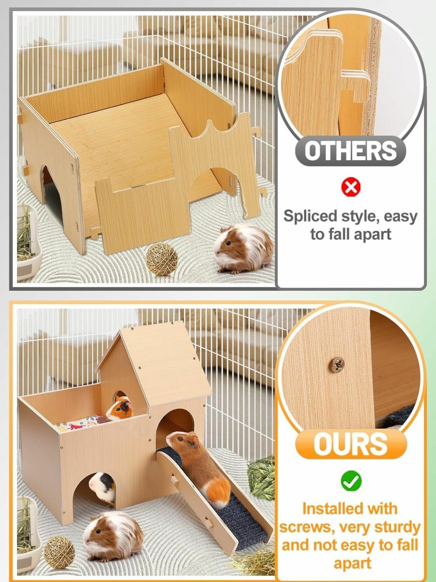 Small Animal Alphatool | Large Guinea Pig Castle, Sturdy Two-Tier Guinea Pig Hideout With Stairs & Mats Wooden Small Animal House Hut Habitats For Hamsters Chinchillas Bunny Hiding Playing Sleeping