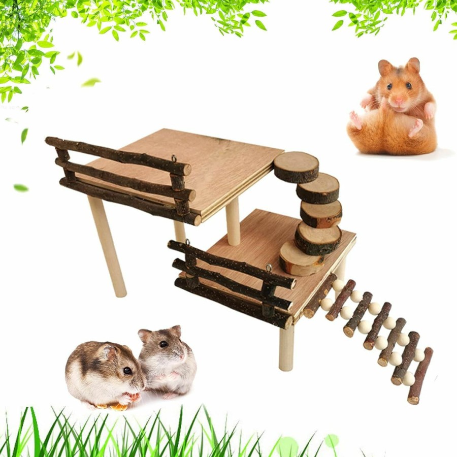 Small Animal RoseFlower | Roseflower Wooden Hamster Platform For Cage, Hamster Playground Climbing Toy, Small Animals Pets Exercise Activity Set, Natural Living Climb System With Ladder Bridge For Gerbil Syrian Dwarf Hamster