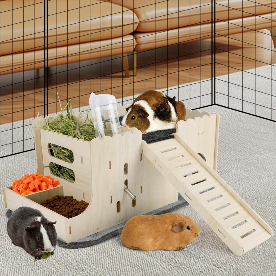 Small Animal EAROND | Earond Guinea Pig Hideout Wooden Guinea Pig Bed With Hay Feeder, Hamster House With Mat, Ramp And Pee Pads, Detachable Small Animal Houses & Habitats For Eating Hiding Playing Sleeping