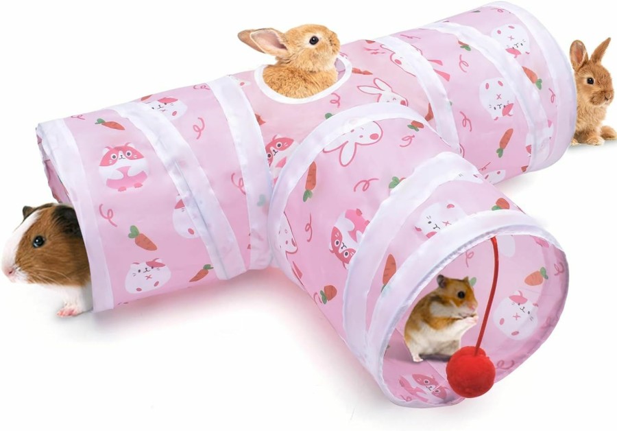 Small Animal Bissap | Bissap Guinea Pig Tunnel, Collapsible Bunny Tube With 1 Play Ball 3 Ways Pet Rabbit Tunnels Hideout For Indoor Kitten Guinea Pig Chinchilla Hamster Rat Small Pet Activity Fun Toys (Pink)