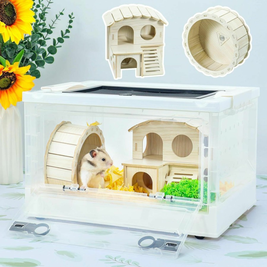 Small Animal RunDuck | Runduck Small Animal Pet Hamsters Cage Foldable Portable 360 Viewing Ventilated Cages With Villas, Exercise Wheels, For Hamsters, Rats, Dwarf Hamsters, Gerbils, Guinea Pigs (White, 16\" X 12\" X 9.5\")