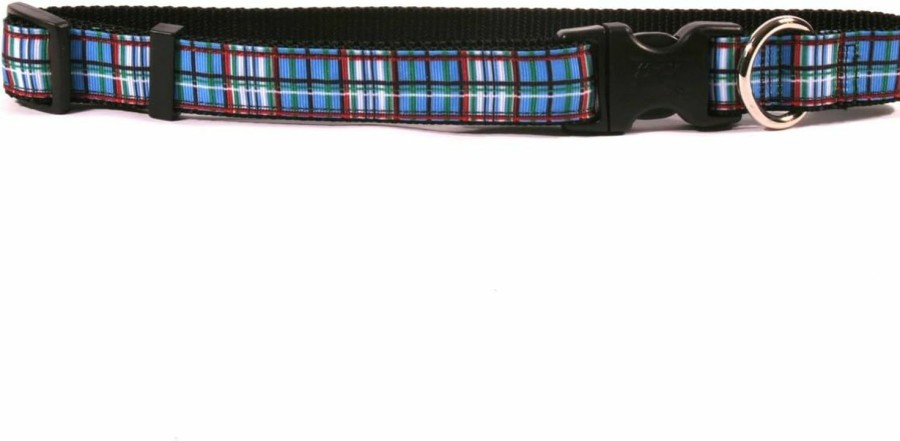 Small Animal Yellow Dog Design | Yellow Dog Design Tartan Blue On Black Grosgrain Ribbon Collar-Size Medium-3/4 Wide And Fits Neck 14 To 20\"