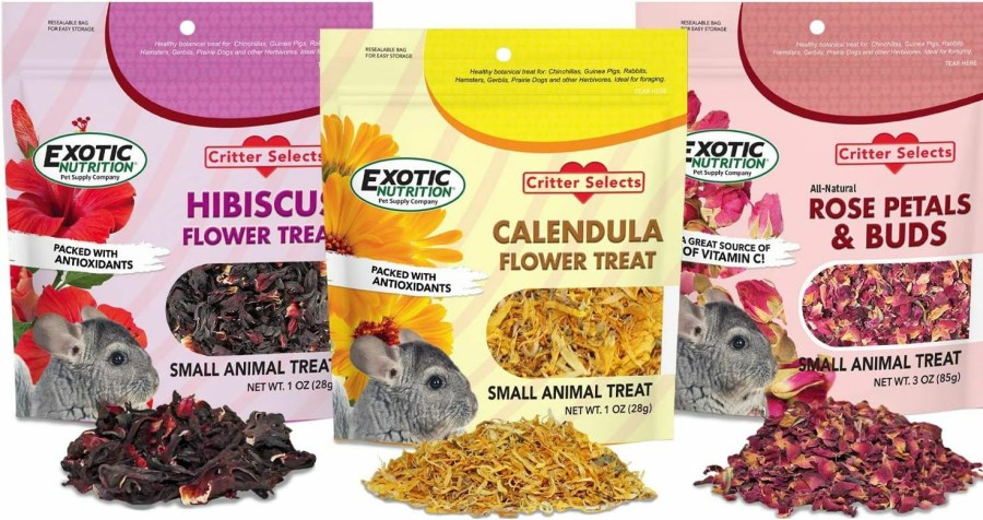 Small Animal Exotic Nutrition | Exotic Nutrition Flower Treat 3 Pack - Healthy Assortment - Hibiscus, Calendula, Rose - For Squirrels, Guinea Pigs, Rabbits, Chinchillas, Prairie Dogs, Degus, Hamster, Gerbils, & Other Herbivores