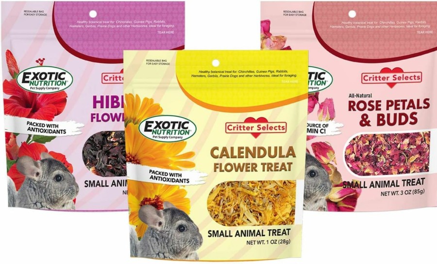 Small Animal Exotic Nutrition | Exotic Nutrition Flower Treat 3 Pack - Healthy Assortment - Hibiscus, Calendula, Rose - For Squirrels, Guinea Pigs, Rabbits, Chinchillas, Prairie Dogs, Degus, Hamster, Gerbils, & Other Herbivores