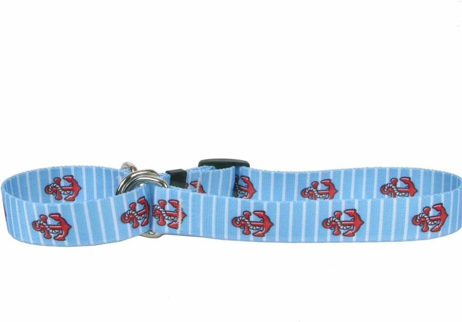 Small Animal Yellow Dog Design | Yellow Dog Design Anchors On Blue Stripes Martingale Dog Collar 1\" Wide And Fits Neck 14 To 20\", Medium, (Anbs132)