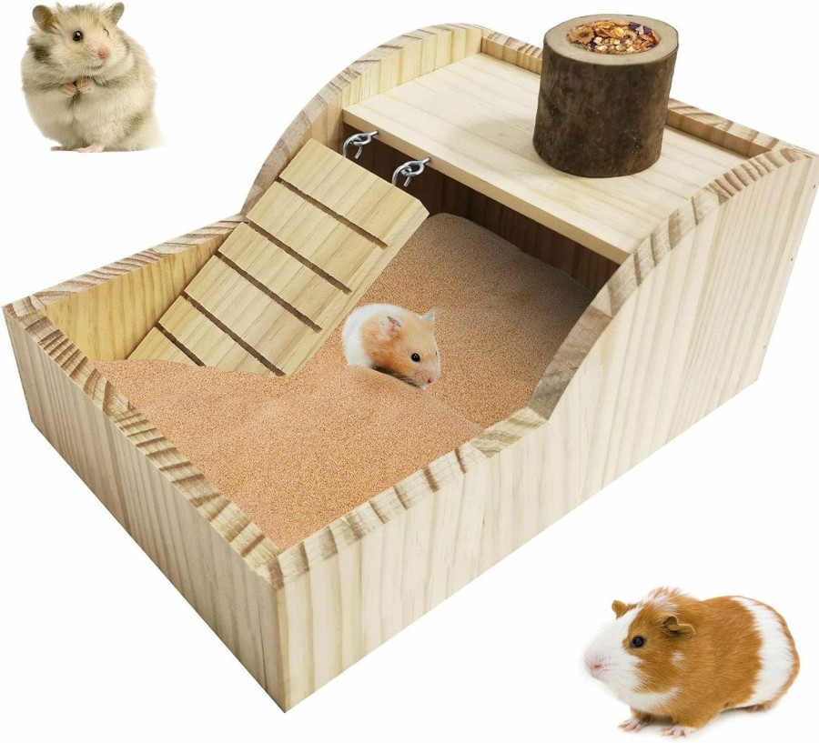 Small Animal PINVNBY | Pinvnby Hamster Sand Bath Box Wooden Shower House Chinchilla Digging Sand Bathtub With Climbing Ladder Bowl For Dwarf Syrian Mice Mouse Gerbils And Other Small Animals