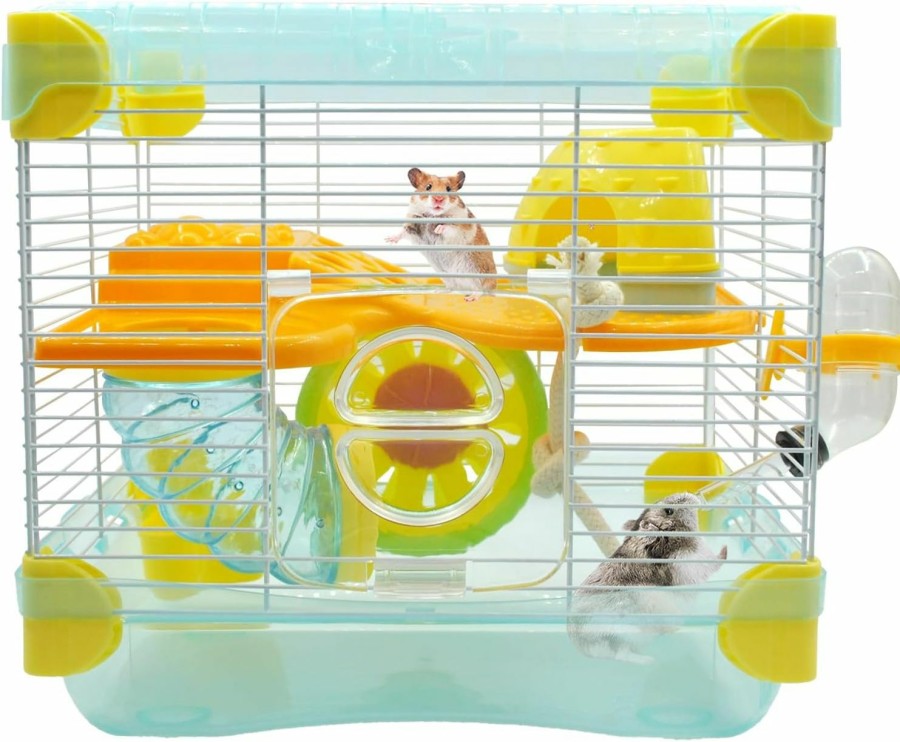 Small Animal MUYG | Muyg 2 Layers Hamster Cage With Tubes Mouse Cage With Accessories Water Bottle Food Dish Transparent Hamster Habitat With Exercise Wheel For Hamster Guinea Pig Gerbil (10.9\" X 8.1\" X 9.8\" Blue)